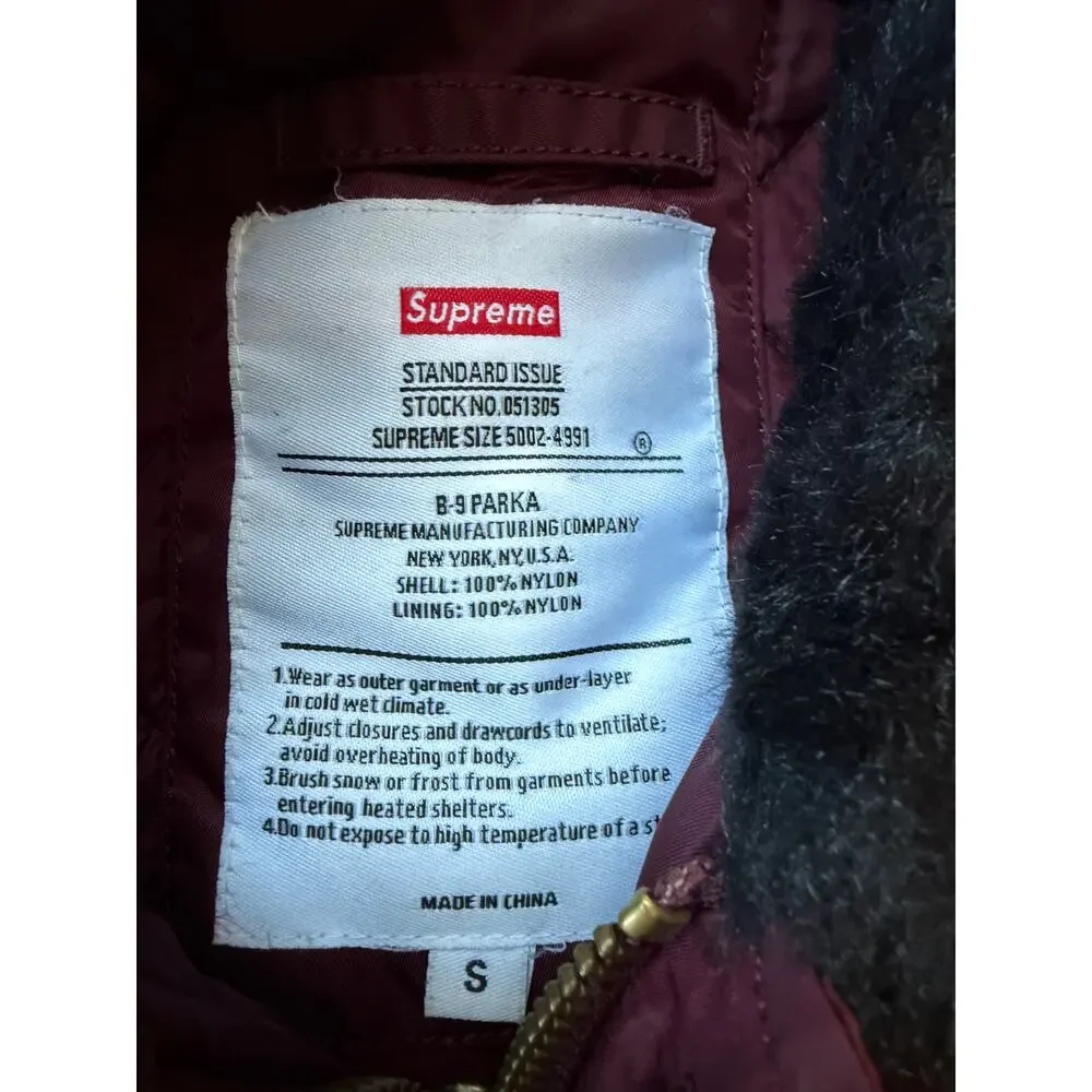 Supreme B-9 Parka Jacket Burgundy Maroon Black Faux Fur Collar Size S Military